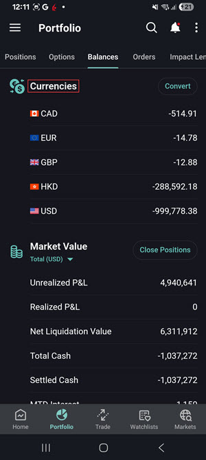 The currencies tab on the android phone